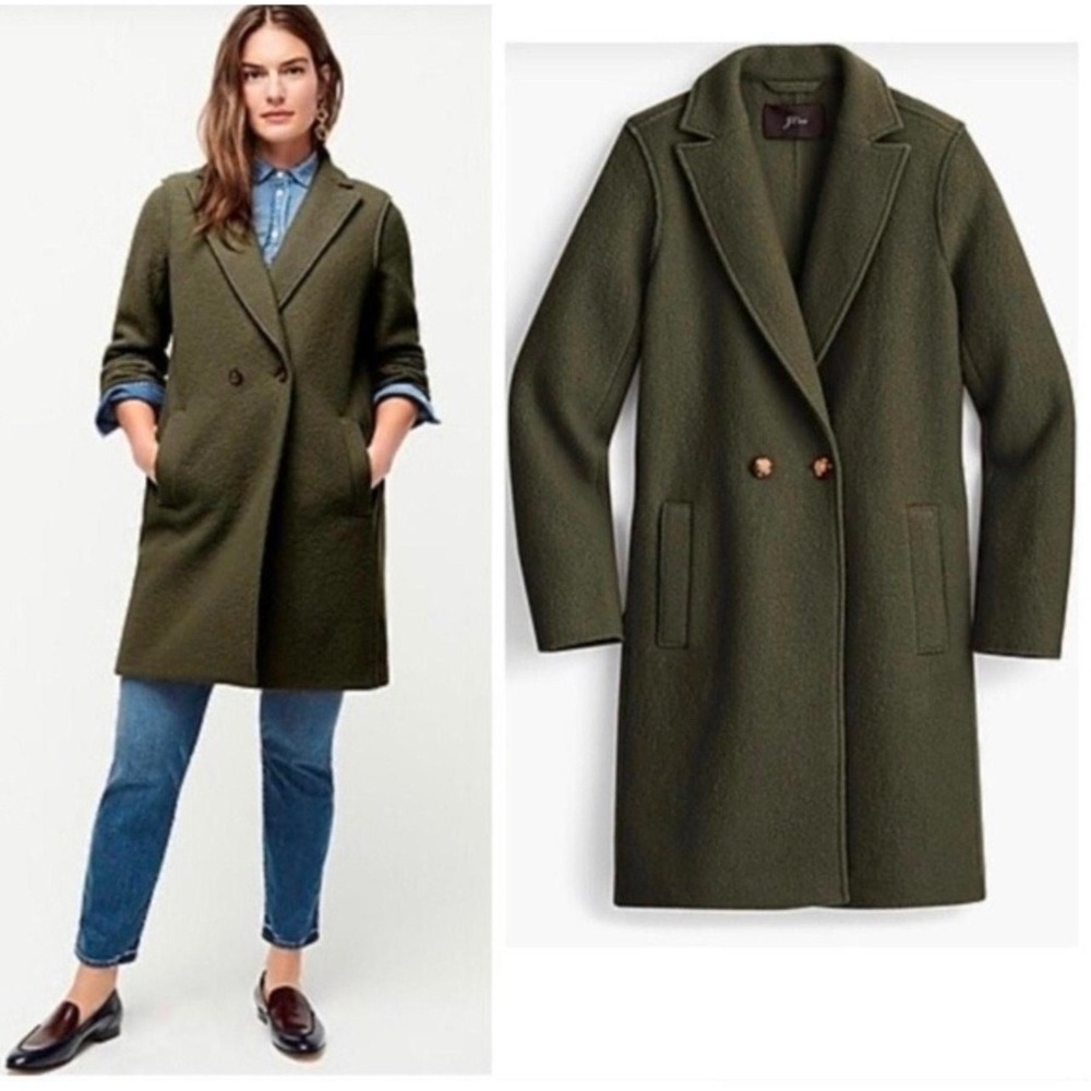 J.Crew Italian Boiled Wool Topcoat Dark Olive Green Womens Size 0